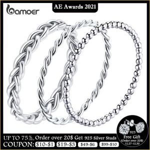 BAMOER 925 Sterling Silver Braided Texture Twisted Eternity Band Stackable Rings Fine Jewelry